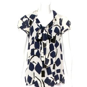 Diane Von Furstenberg Blouse Womens 2 Silk Blend Neck Tie Navy White Abstract